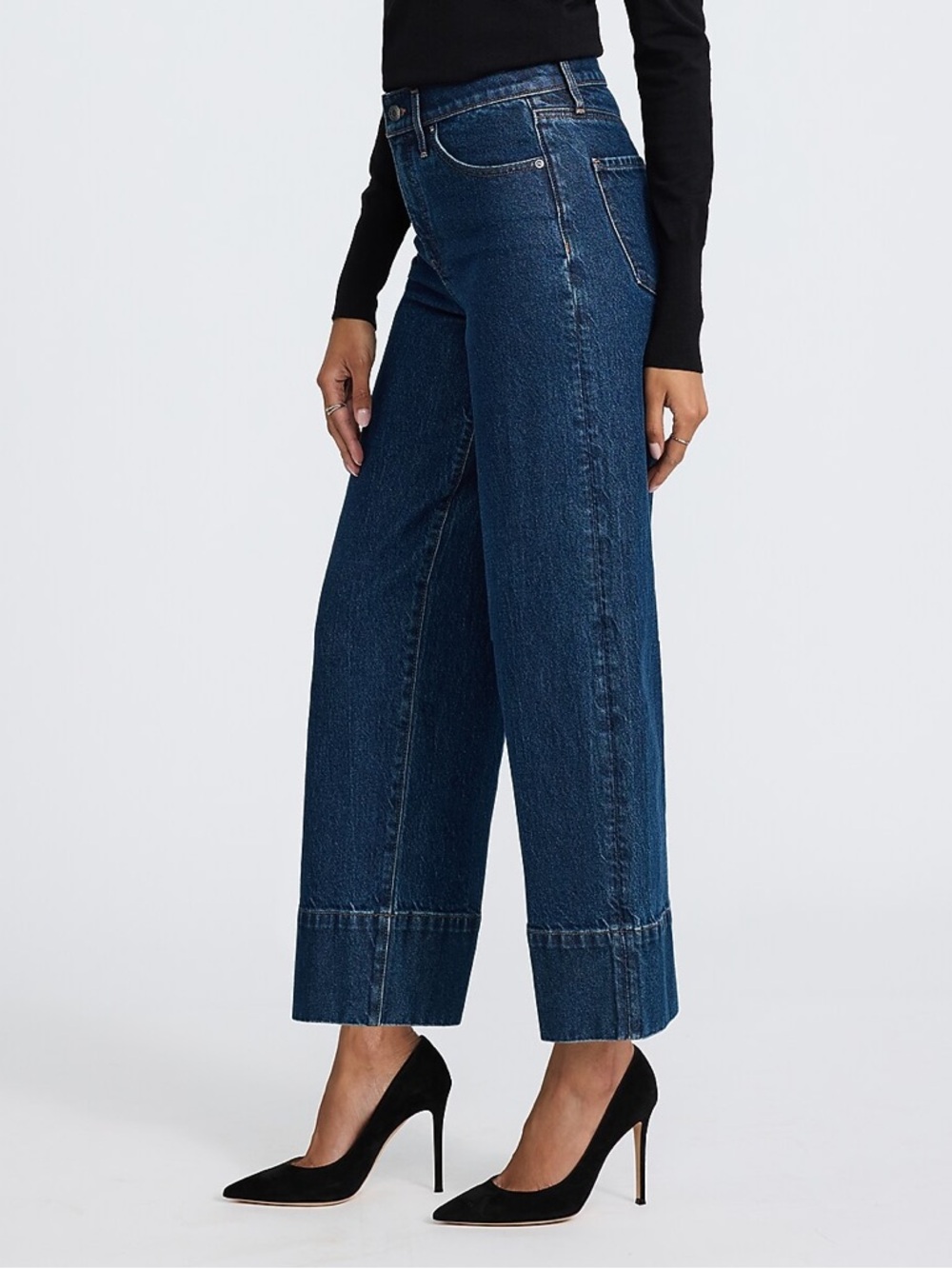 High Waisted Dark Wash Tall Hem Wide Leg Ankle Jeans - Picture 2 of 12